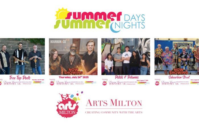 Promotional poster for Arts Milton’s “Summer Days Summer Nights” concert series in Downtown Milton. The top features the event name in bright, playful lettering. Below are four featured musical acts with performance dates and locations in Downtown Milton: Tree Top Poets, Bourbon & Co., Pistols & Petunias, and Subourbon Street . The Arts Milton logo and the tagline “Creating Community with the Arts” appear at the bottom.