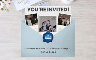 An envelope is showing opening and revealing polaroids with photos from the 2025 BIA Annual General Meeting. Text on top reads "You're invited" and underneath, "Tuesday October 7th, 6:00 pm - 8:30 pm. 200 Main St E."