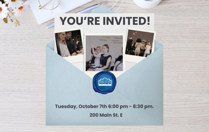 An envelope is showing opening and revealing polaroids with photos from the 2025 BIA Annual General Meeting. Text on top reads "You're invited" and underneath, "Tuesday October 7th, 6:00 pm - 8:30 pm. 200 Main St E."